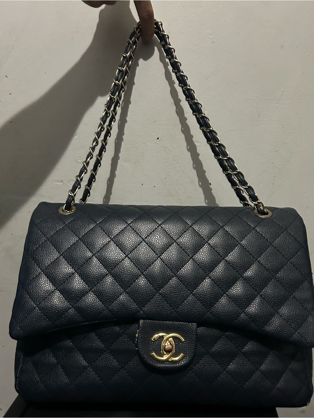 Chanel Navy Quilted Jumbo Classic Double Flap Caviar
